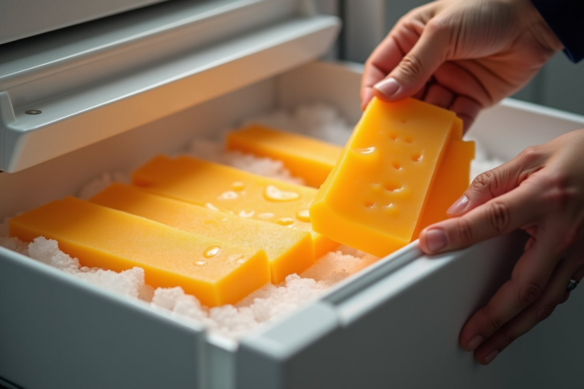 Mains plaçant des tranches de fromage dans un congélateur givré