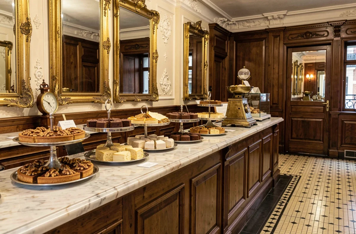 Comptoir en marbre avec tartes aux noix de Grenoble et entremets chocolat de la Maison Lenoir à Grenoble