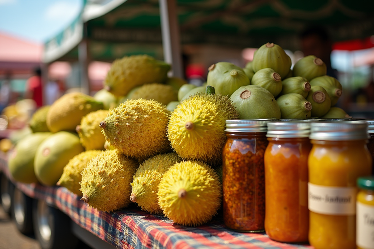 Marché avec jackfruit et confitures maison