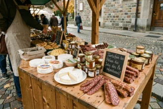 Étal de marché à Annecy avec spécialités locales salées et sucrées en automne, fromage reblochon, saucissons et miel alpin disposés sur bois rustique