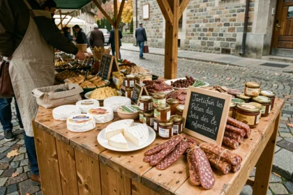 Étal de marché à Annecy avec spécialités locales salées et sucrées en automne, fromage reblochon, saucissons et miel alpin disposés sur bois rustique