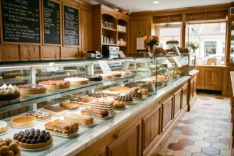 Vue d'ensemble d'une élégante pâtisserie française en Auvergne-Rhône-Alpes avec une vitrine remplie de pâtisseries raffinées