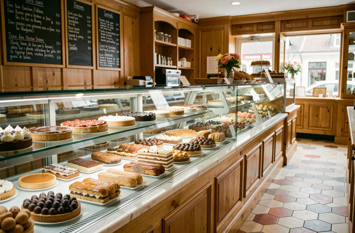 Vue d'ensemble d'une élégante pâtisserie française en Auvergne-Rhône-Alpes avec une vitrine remplie de pâtisseries raffinées