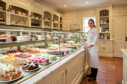 Vue panoramique d'une pâtisserie artisanale du Centre-Val de Loire avec une vitrine généreuse de gâteaux et pâtisseries colorées