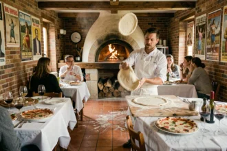 Vue d'ensemble d'une pizzeria artisanale dans les Hauts-de-France avec four à bois et décor italien authentique