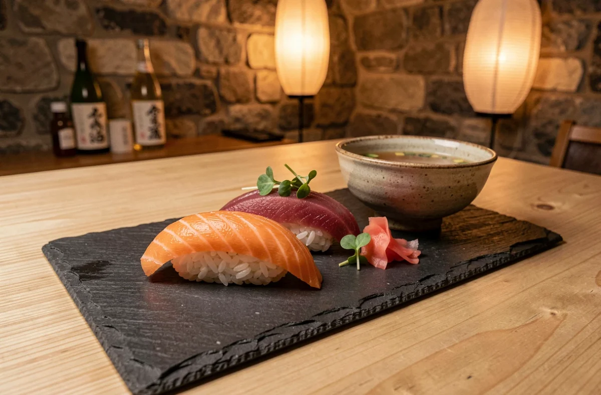 Plateau de sushis nigiri et miso servi dans un restaurant japonais de Bourgogne-Franche-Comté avec décor en pierre apparente