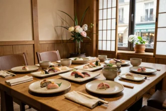 Table dressée dans un restaurant japonais parisien avec assortiment de sushis, soupe miso et vaisselle céramique minimaliste, décor en bois chaud et fenêtre parisienne en arrière-plan