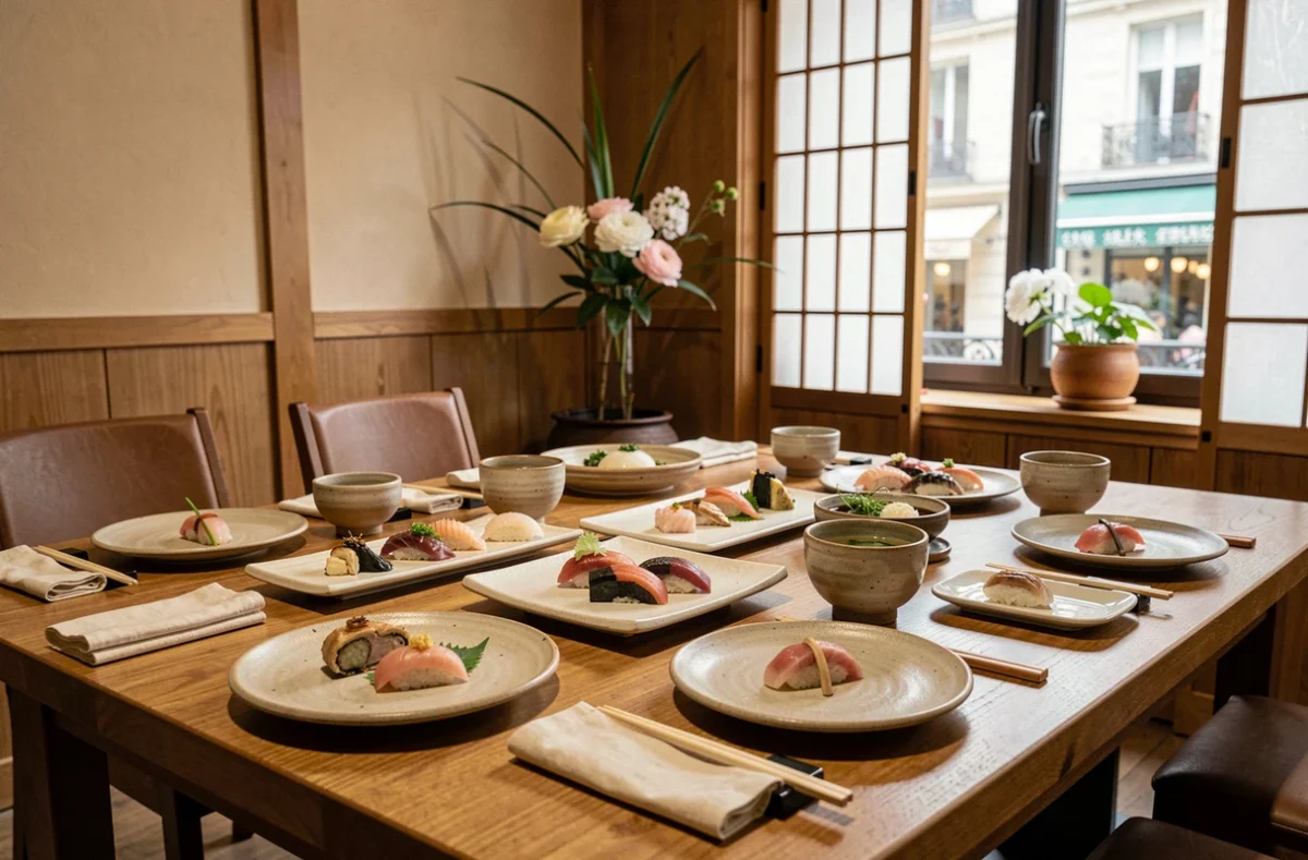 Table dressée dans un restaurant japonais parisien avec assortiment de sushis, soupe miso et vaisselle céramique minimaliste, décor en bois chaud et fenêtre parisienne en arrière-plan