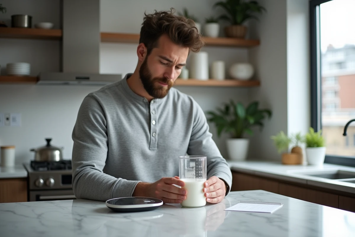 Homme comparant un verre mesureur de 40cl et une balance numérique sur un plan de travail en marbre dans une cuisine moderne