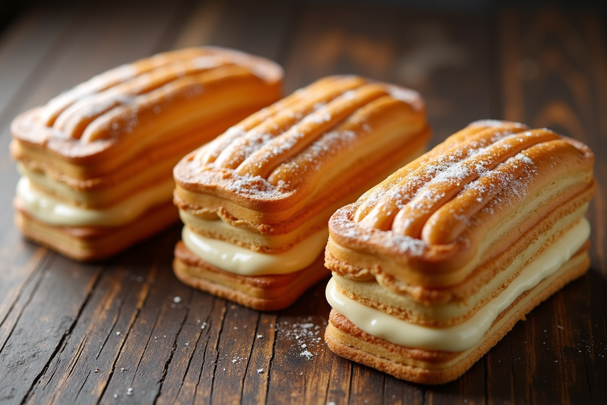 Trois millefeuilles alignés sur une surface en bois rustique