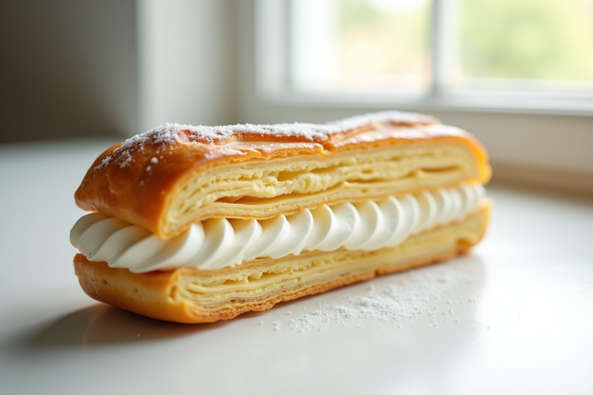 Millefeuille tranché montrant ses couches délicates de pâte et crème