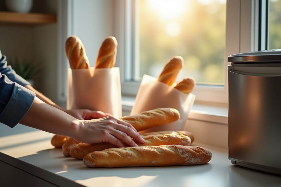 Mains plaçant des baguettes fraîches dans des sacs de congélation