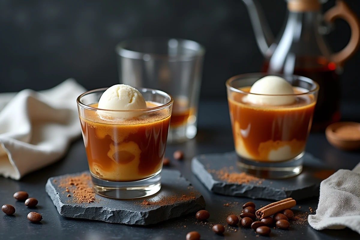 Mise en scène de deux verres d'affogato cocktail au Kahlúa et glace vanille sur ardoise avec accessoires café