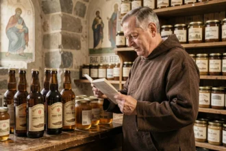 Moine en habit traditionnel examinant des produits artisanaux d'abbaye dans une boutique monastique aux murs en pierre