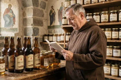 Moine en habit traditionnel examinant des produits artisanaux d'abbaye dans une boutique monastique aux murs en pierre
