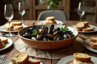 Grand bol de moules marinières au centre d'une table familiale rustique pour un repas du week-end