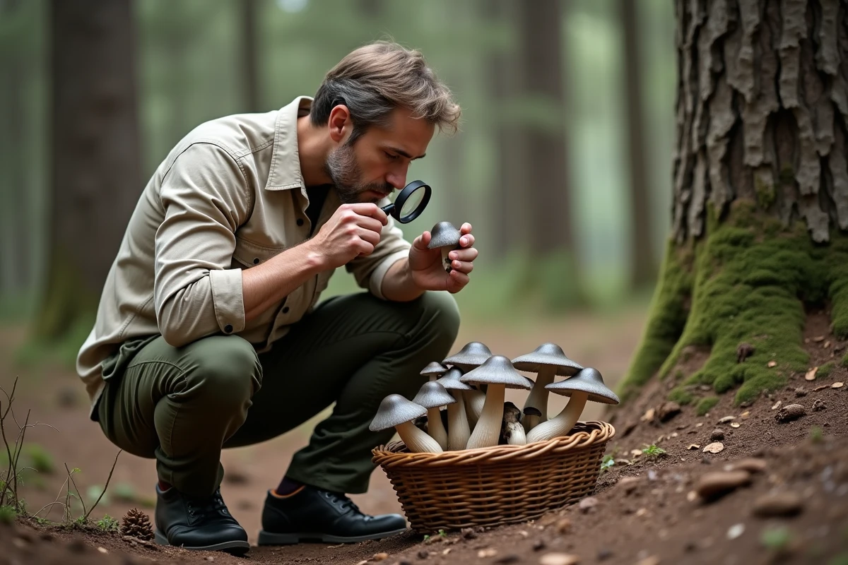 Mycologue examinant un champignon Charbonnier à la loupe lors d'une cueillette en forêt