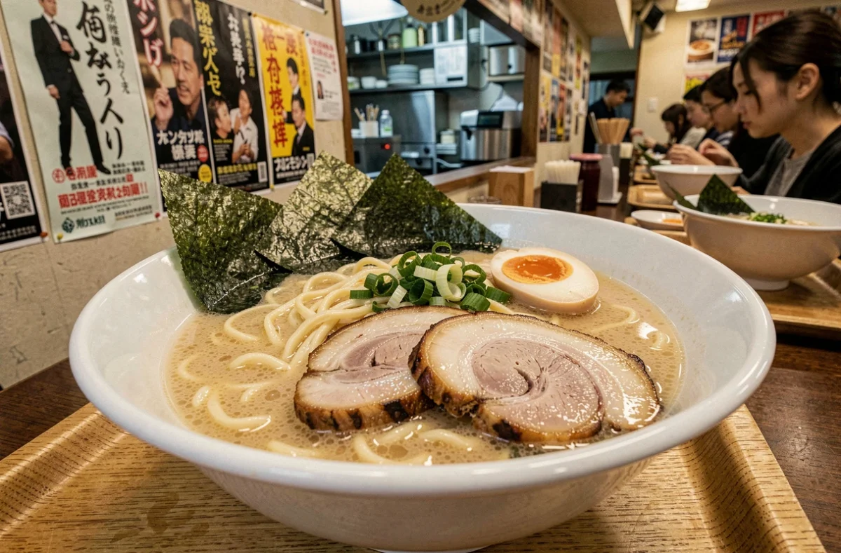 Bol de ramen tonkotsu avec chashu, œuf mariné et nori au restaurant Naritake, rue des Petits Champs à Paris, atmosphère de cantine japonaise animée en arrière-plan