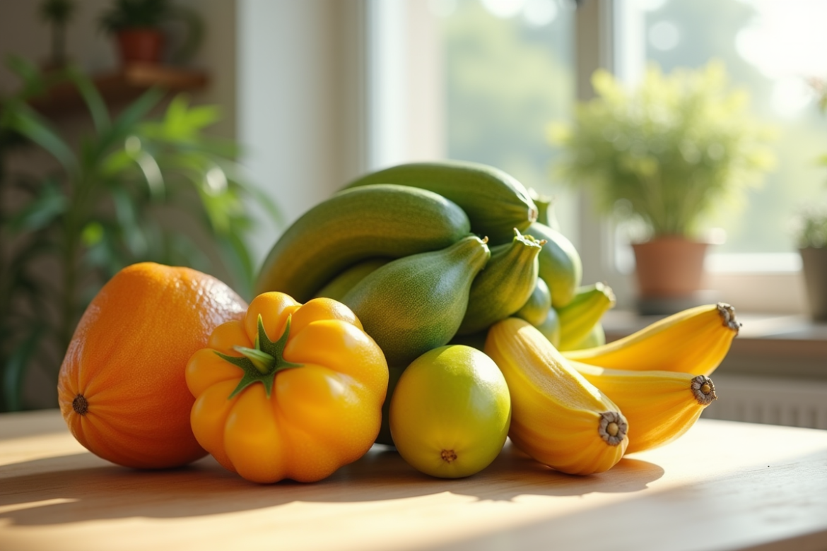 Arrangement coloré de fruits exotiques sur une table en bois
