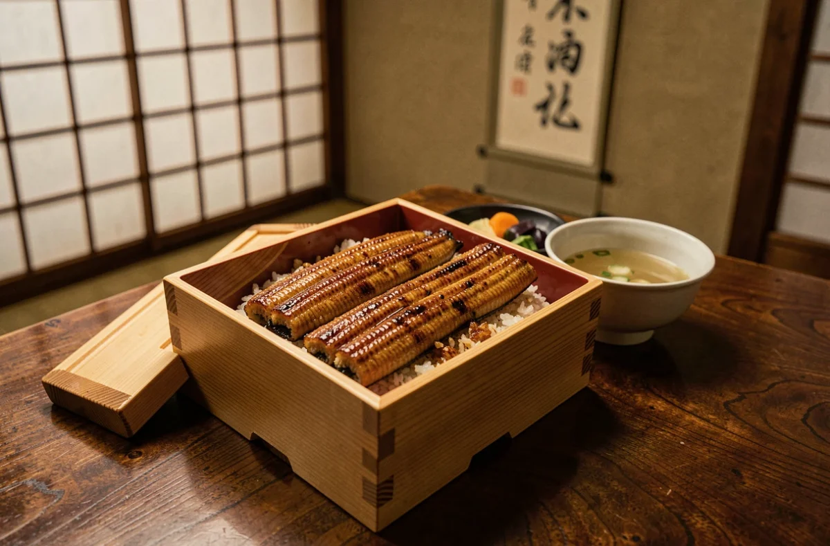 Boîte bento en cèdre avec anguille laquée unagi grillée sur riz vapeur et soupe claire au restaurant Nodaiwa rue Saint-Honoré à Paris, paravent shoji en arrière-plan