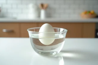Œuf semi-flottant dans un verre d'eau pour tester sa fraîcheur, vue du dessus sur plan de travail blanc