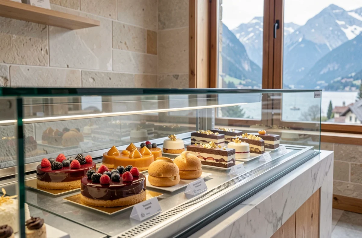 Vitrine de tartes laquées aux baies alpines et entremets dorés de la pâtisserie Olivier Pauriche à Annecy