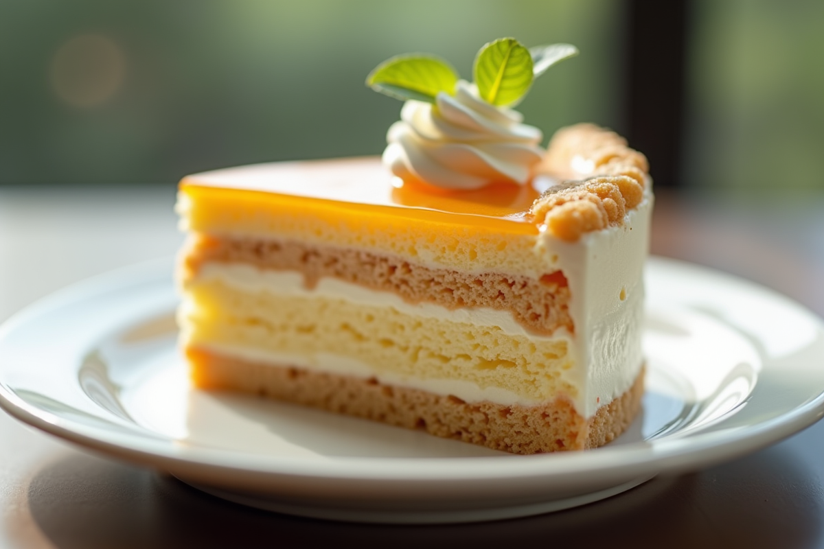 Gâteau opera parfaitement monté sur assiette élégante