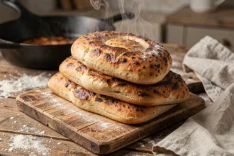 Pains à la poêle express dorés et moelleux empilés sur une planche en bois rustique avec une poêle en fonte en arrière-plan