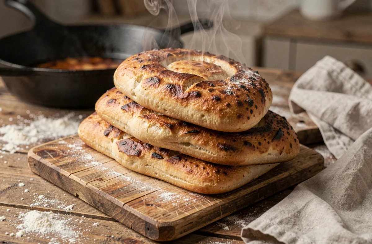 Pains à la poêle express dorés et moelleux empilés sur une planche en bois rustique avec une poêle en fonte en arrière-plan