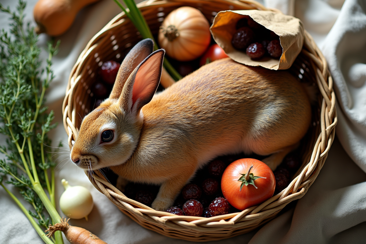 Panier de marché avec lapin et pruneaux frais