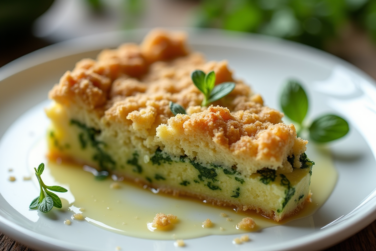 Partie de crumble zucchini sur assiette blanche avec herbes