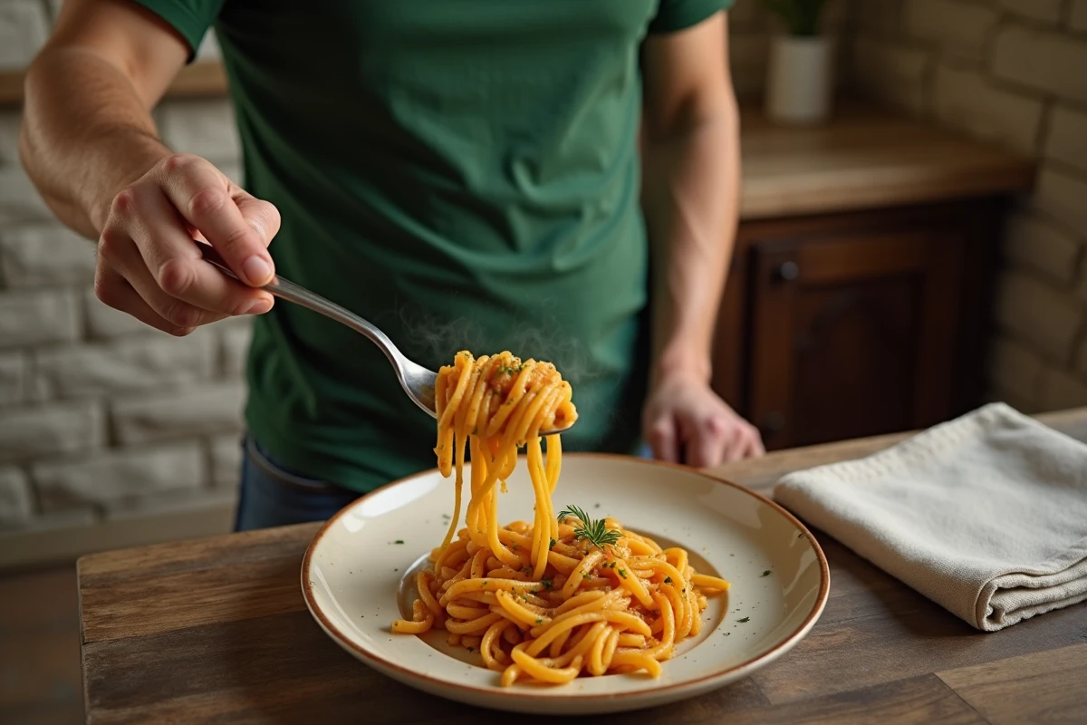 Jeune homme versant la sauce aux cèpes sur les pâtes