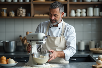 Chef pâtissier concentré utilisant un mixeur professionnel