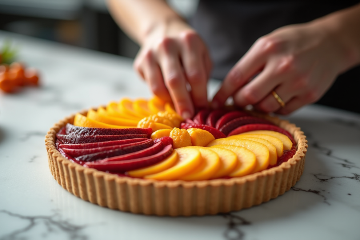 Chef décorant une tarte aux fraises fraîches sur marbre