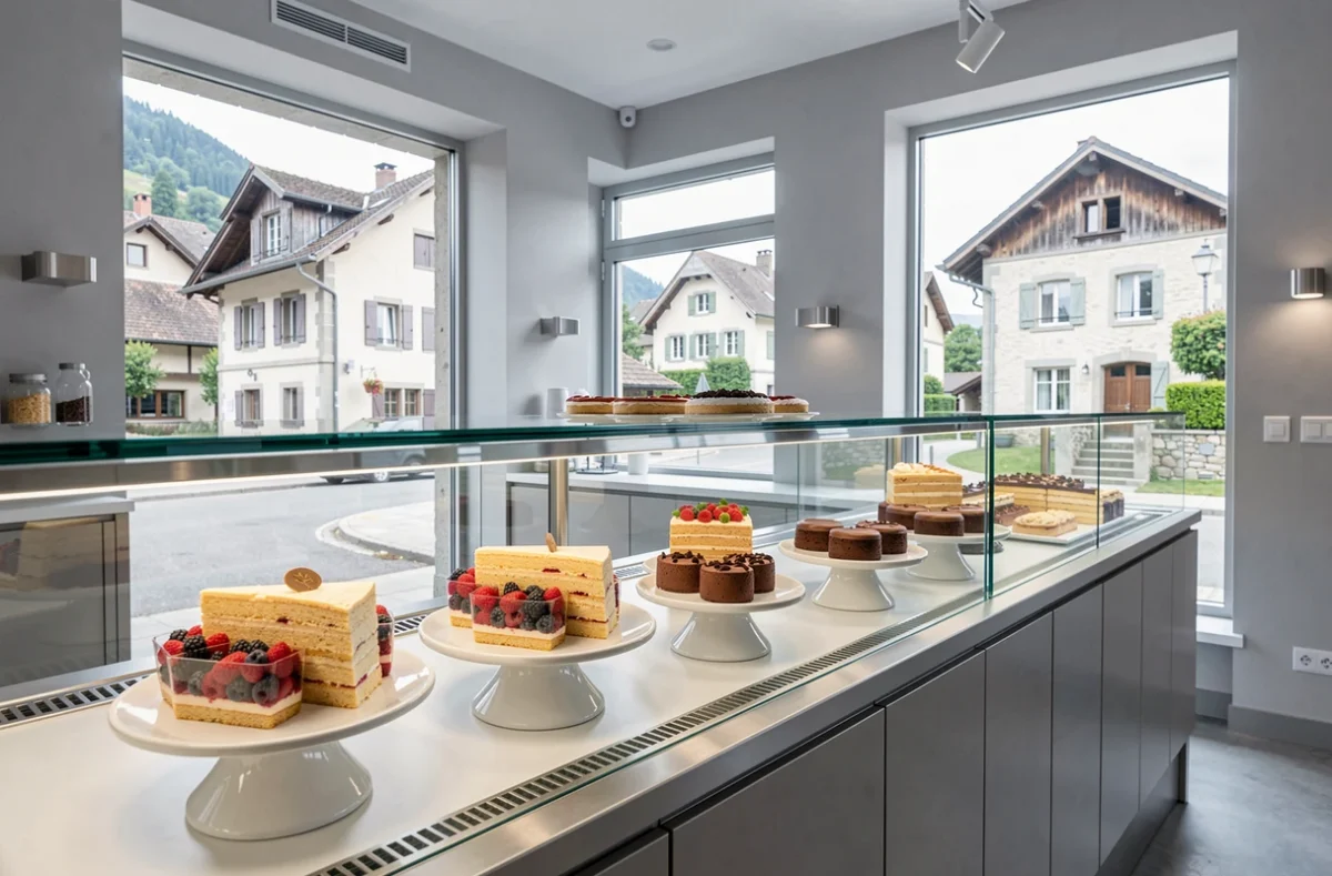 Millefeuilles et entremets chocolat de la Pâtisserie L'Essentiel à Morestel avec vue sur le village