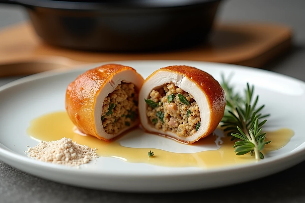 Paupiette de porc coupée en deux révélant sa farce aux herbes, dressée sur assiette blanche avec jus de cuisson
