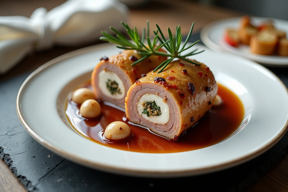 Paupiette de porc tranchée en gros plan sur assiette blanche avec jus réduit et garniture de romarin