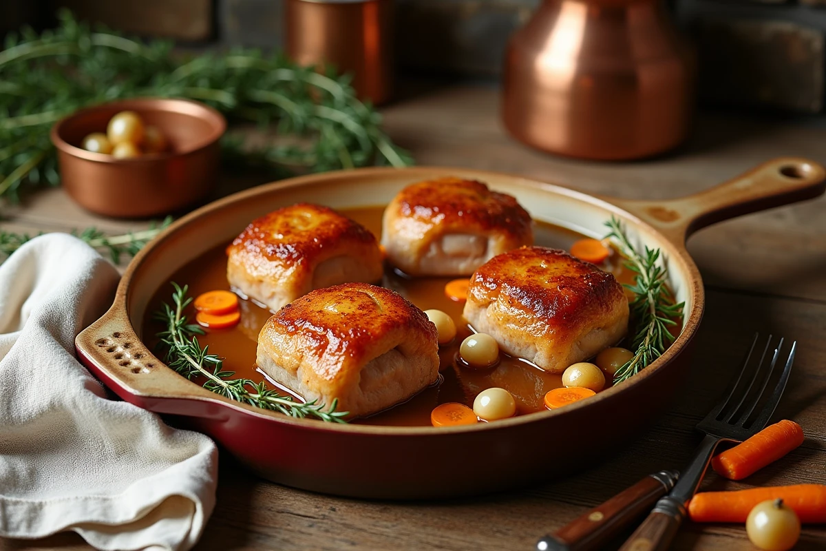 Paupiettes de porc dorées dans un plat en céramique rustique avec jus ambré, oignons et thym frais