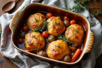 Paupiettes de porc dorées au four dans un plat en céramique rustique avec carottes et oignons caramélisés, style maison de campagne