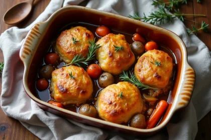 Paupiettes de porc dorées au four dans un plat en céramique rustique avec carottes et oignons caramélisés, style maison de campagne