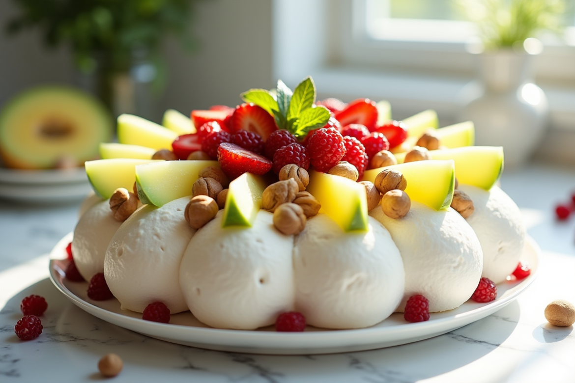 Pavlova décorée de melon miel hazelnuts et baies sur plan de travail