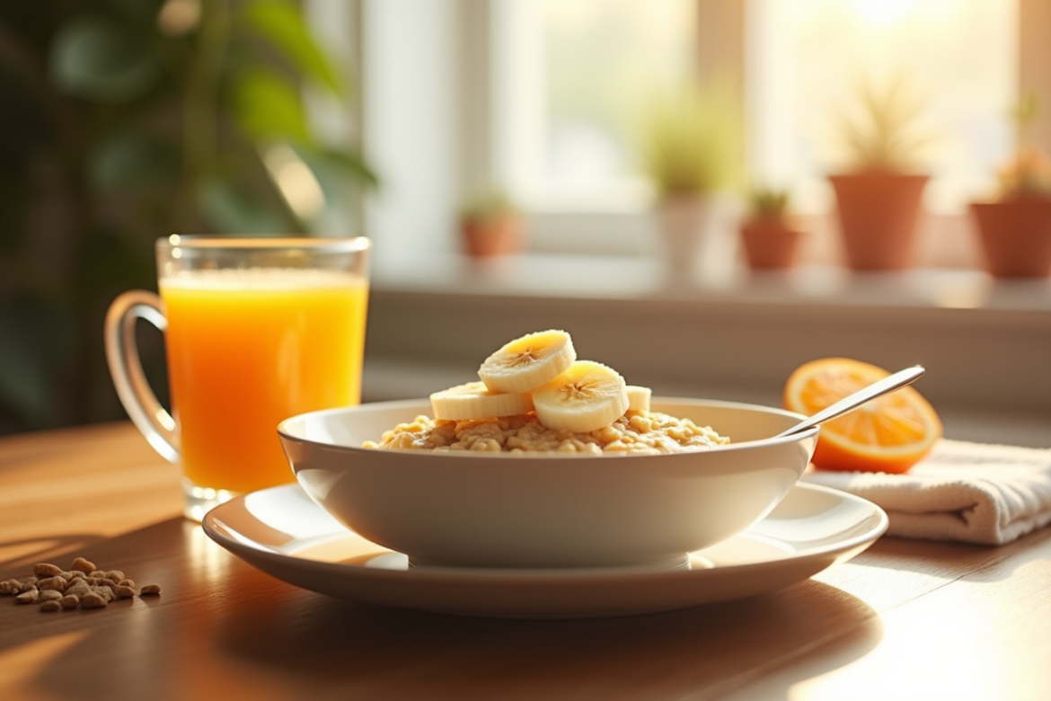Bol d'avoine avec banane tranchée et jus d'orange matin lumineux