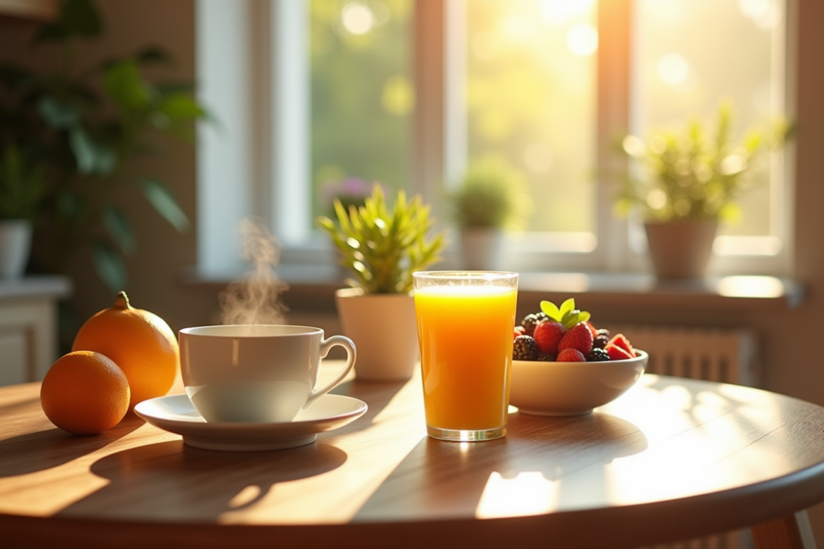 Petit déjeuner matinal avec thé vert et jus d'orange