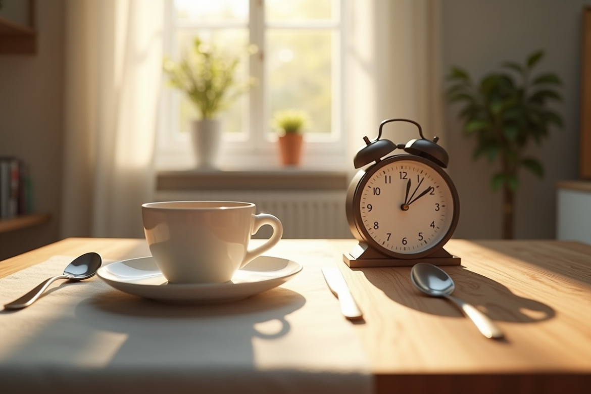 Table de petit déjeuner matinal avec soleil et horloge
