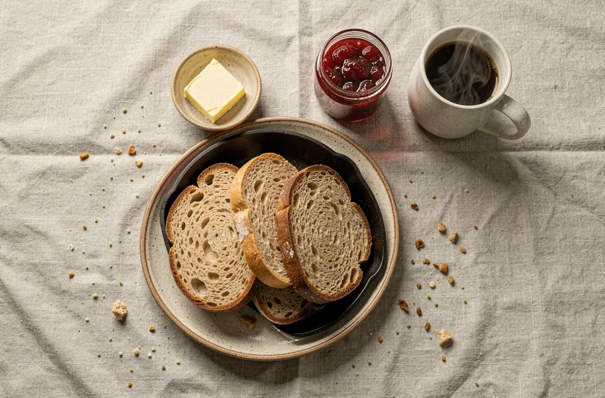Petit-déjeuner de semaine avec pains à la poêle maison servis avec beurre et confiture sur une table en lin