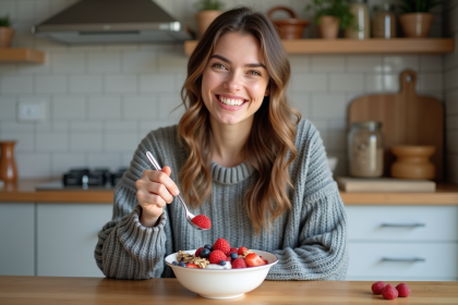 Jeune femme souriante dégustant un bol de petit déjeuner sain