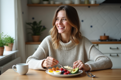 Femme souriante dans une cuisine scandinave dégustant un petit déjeuner coloré