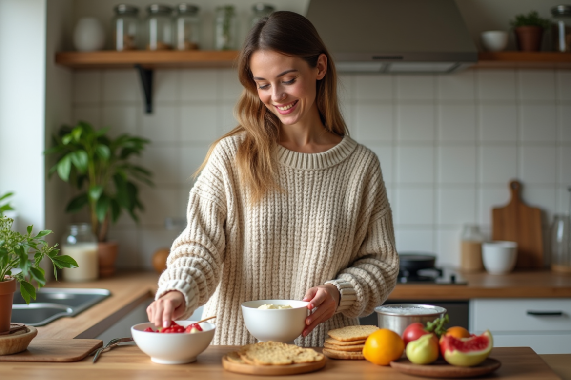 Femme souriante préparant un petit déjeuner cosy avec des tartines et fruits