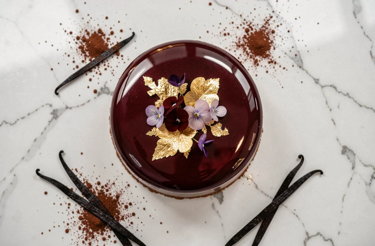 Entremets à glaçage miroir bordeaux et or avec fleurs comestibles, signature de la pâtisserie Philippe Rigollot à Annecy