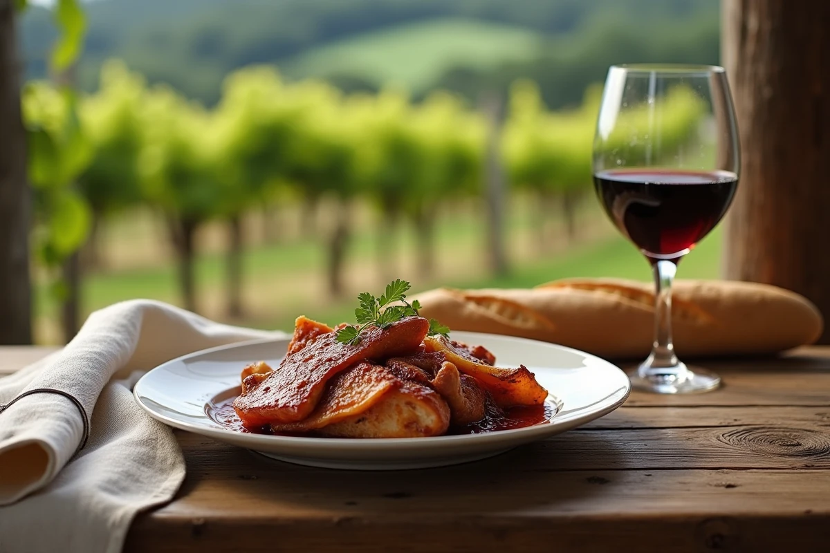 Assiette de couille de mouton avec vin rouge et baguette sur table en plein air
